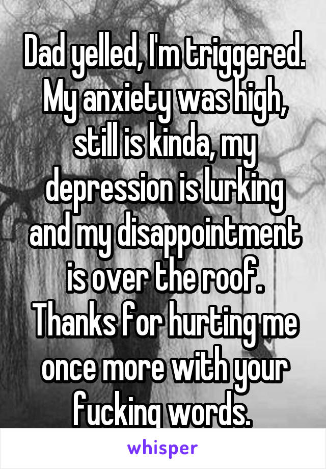 Dad yelled, I'm triggered. My anxiety was high, still is kinda, my depression is lurking and my disappointment is over the roof. Thanks for hurting me once more with your fucking words. 