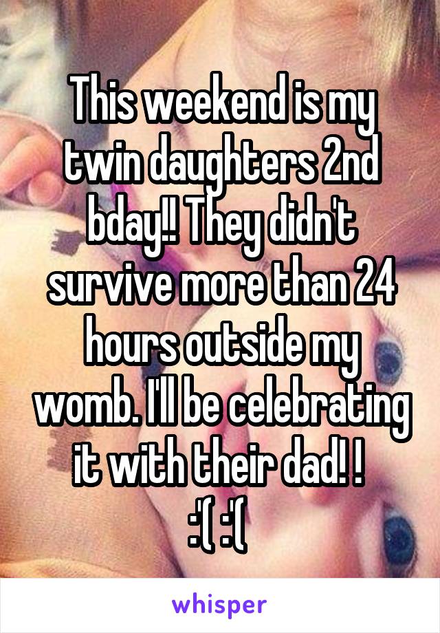 This weekend is my twin daughters 2nd bday!! They didn't survive more than 24 hours outside my womb. I'll be celebrating it with their dad! ! 
:'( :'( 