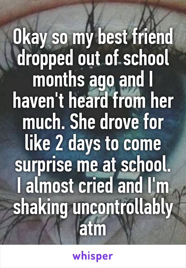 Okay so my best friend dropped out of school months ago and I haven't heard from her much. She drove for like 2 days to come surprise me at school. I almost cried and I'm shaking uncontrollably atm