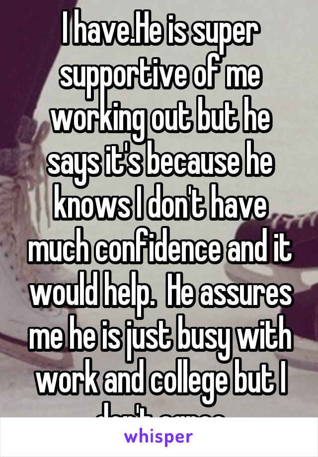 I have.He is super supportive of me working out but he says it's because he knows I don't have much confidence and it would help.  He assures me he is just busy with work and college but I don't agree