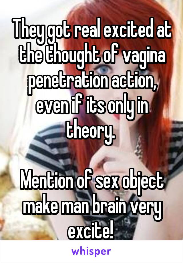 They got real excited at the thought of vagina penetration action, even if its only in theory. 

Mention of sex object make man brain very excite! 