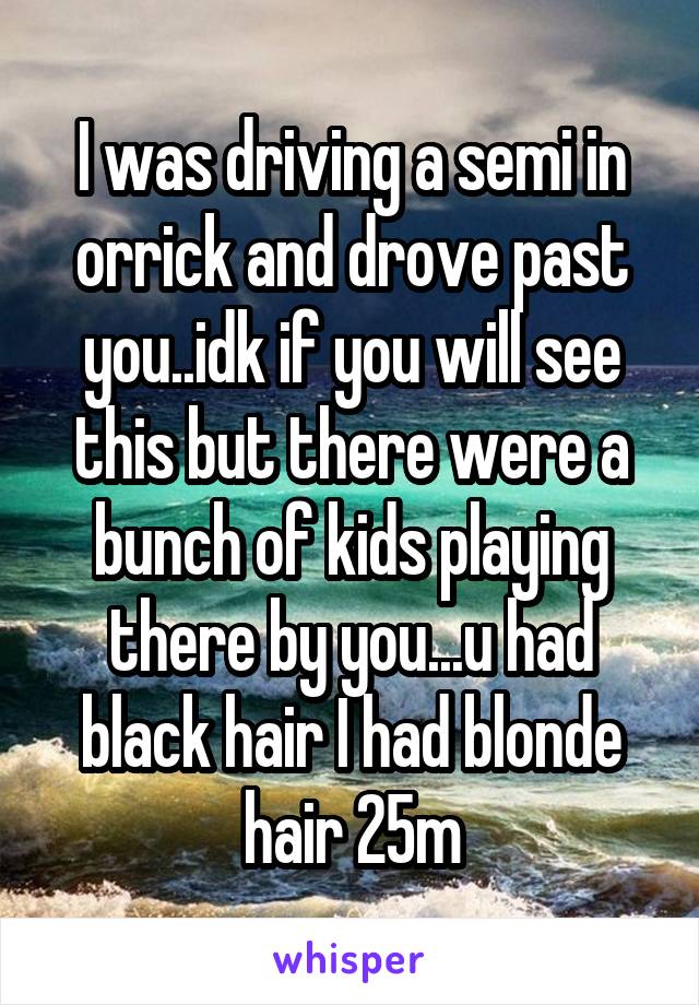 I was driving a semi in orrick and drove past you..idk if you will see this but there were a bunch of kids playing there by you...u had black hair I had blonde hair 25m