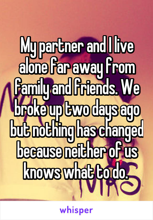 My partner and I live alone far away from family and friends. We broke up two days ago but nothing has changed because neither of us knows what to do. 