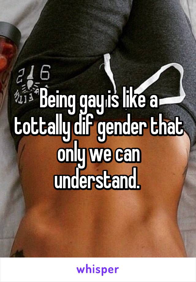 Being gay is like a tottally dif gender that only we can understand. 