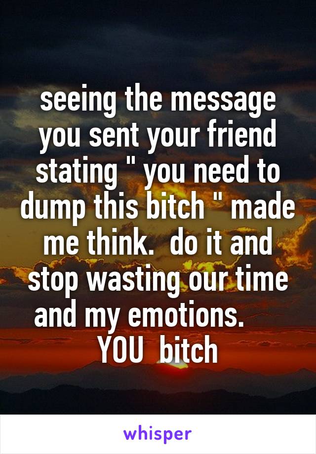 seeing the message you sent your friend stating " you need to dump this bitch " made me think.  do it and stop wasting our time and my emotions.      YOU  bitch