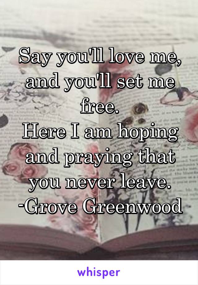 Say you'll love me, and you'll set me free.
Here I am hoping and praying that you never leave.
-Grove Greenwood 