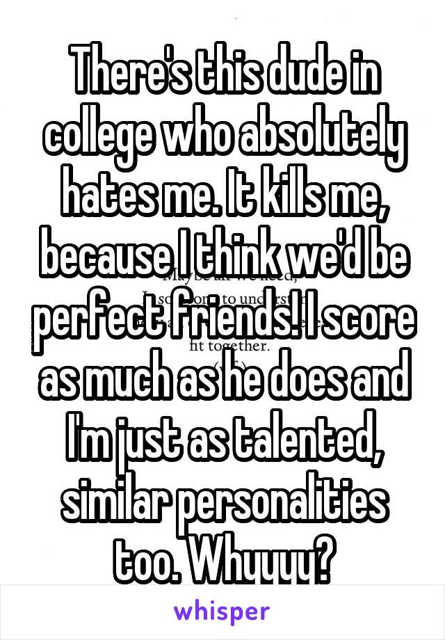 There's this dude in college who absolutely hates me. It kills me, because I think we'd be perfect friends! I score as much as he does and I'm just as talented, similar personalities too. Whyyyy?