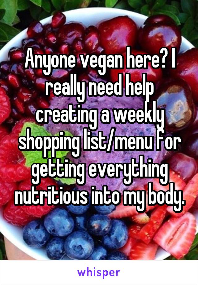 Anyone vegan here? I really need help creating a weekly shopping list/menu for getting everything nutritious into my body. 