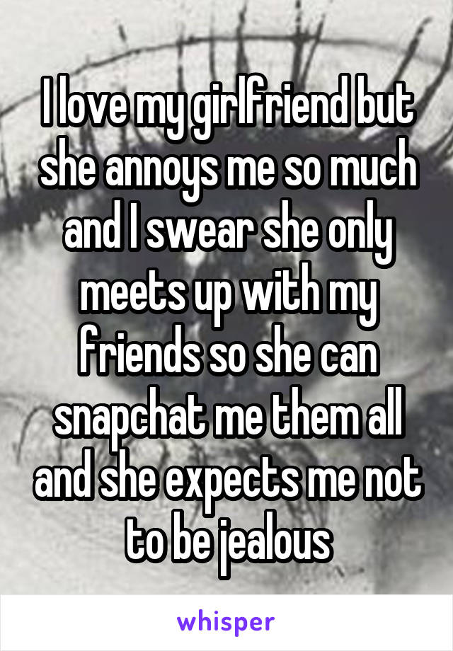 I love my girlfriend but she annoys me so much and I swear she only meets up with my friends so she can snapchat me them all and she expects me not to be jealous