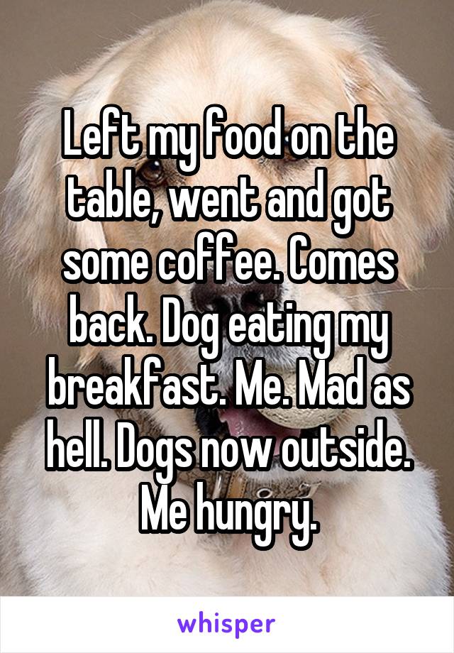 Left my food on the table, went and got some coffee. Comes back. Dog eating my breakfast. Me. Mad as hell. Dogs now outside. Me hungry.