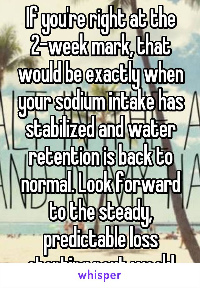 If you're right at the 2-week mark, that would be exactly when your sodium intake has stabilized and water retention is back to normal. Look forward to the steady, predictable loss starting next week!