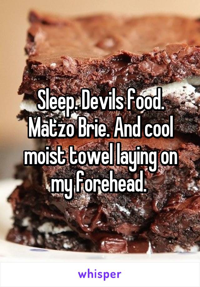 Sleep. Devils food. Matzo Brie. And cool moist towel laying on my forehead. 