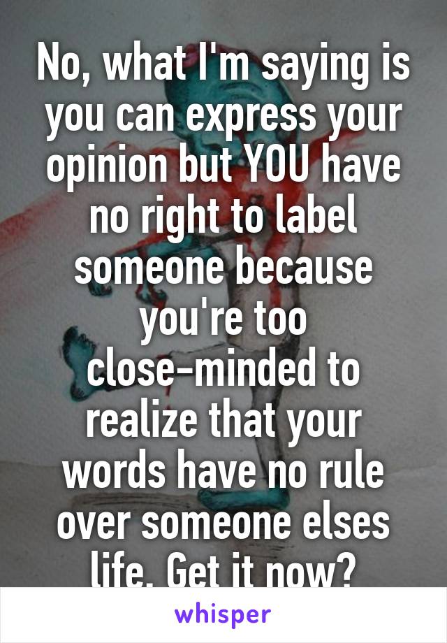 No, what I'm saying is you can express your opinion but YOU have no right to label someone because you're too close-minded to realize that your words have no rule over someone elses life. Get it now?