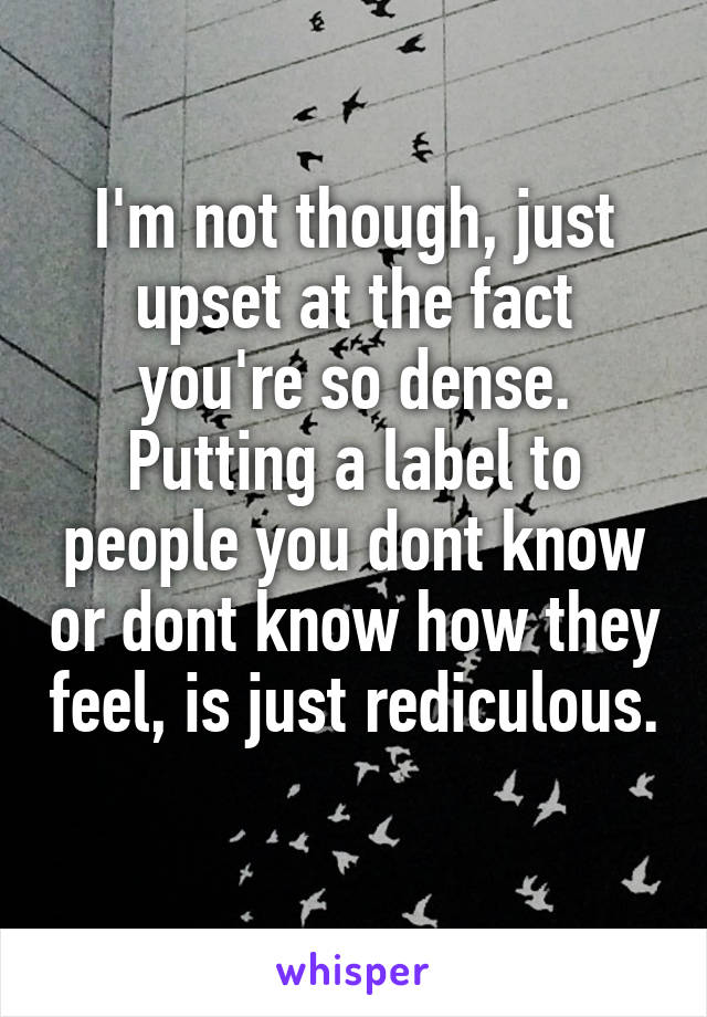 I'm not though, just upset at the fact you're so dense. Putting a label to people you dont know or dont know how they feel, is just rediculous. 