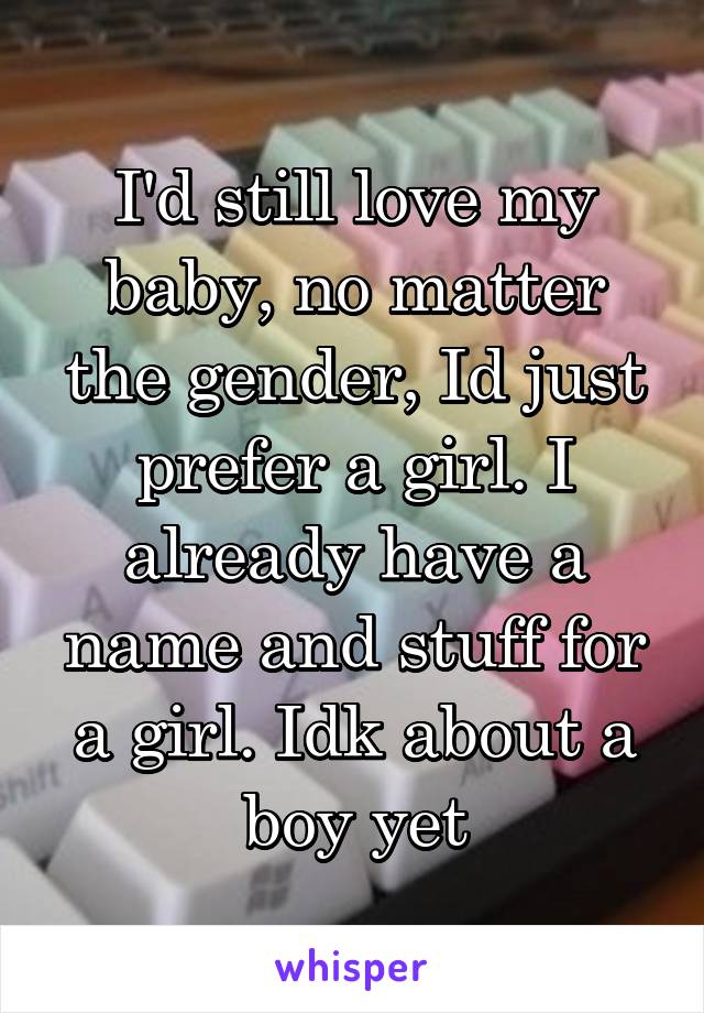 I'd still love my baby, no matter the gender, Id just prefer a girl. I already have a name and stuff for a girl. Idk about a boy yet