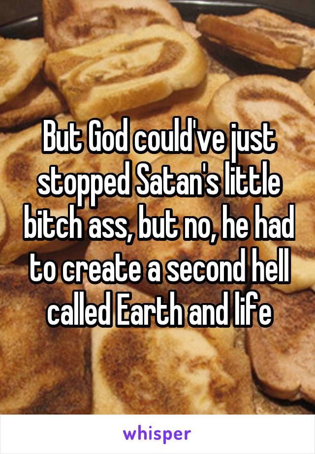 But God could've just stopped Satan's little bitch ass, but no, he had to create a second hell called Earth and life