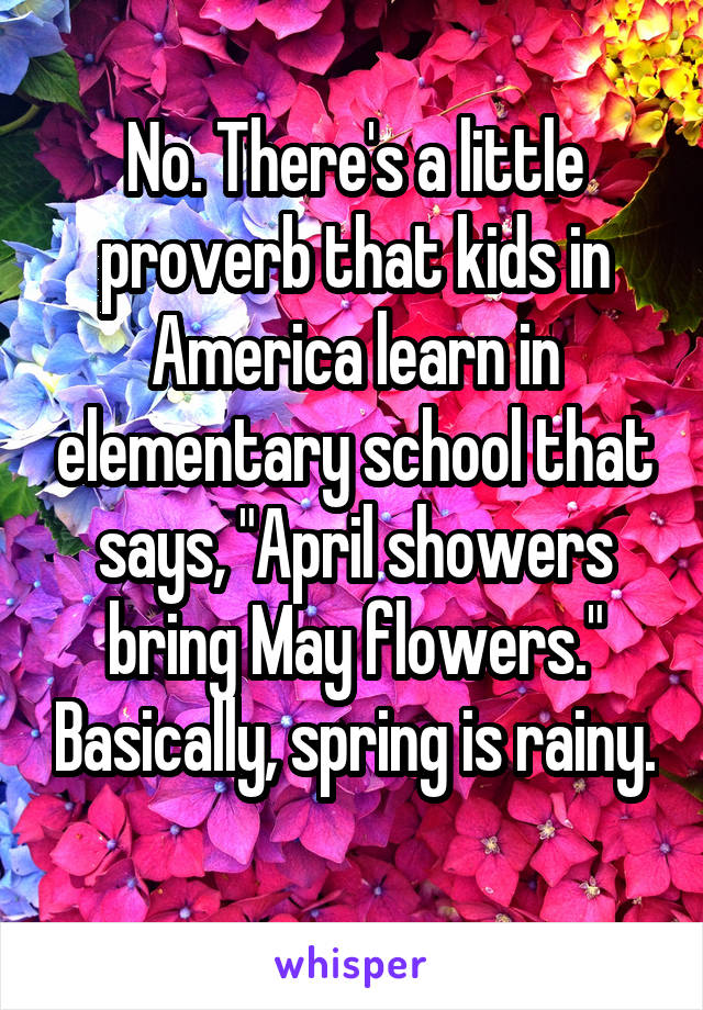 No. There's a little proverb that kids in America learn in elementary school that says, "April showers bring May flowers." Basically, spring is rainy. 