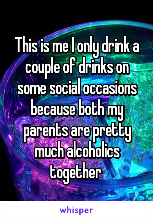 This is me I only drink a couple of drinks on some social occasions because both my parents are pretty much alcoholics together 