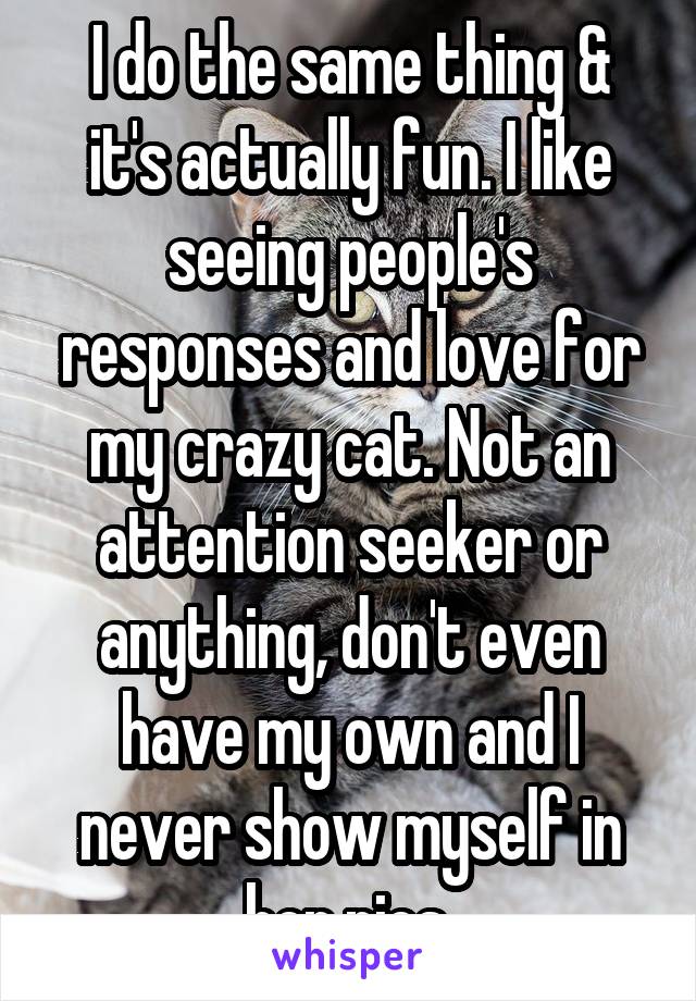 I do the same thing & it's actually fun. I like seeing people's responses and love for my crazy cat. Not an attention seeker or anything, don't even have my own and I never show myself in her pics.