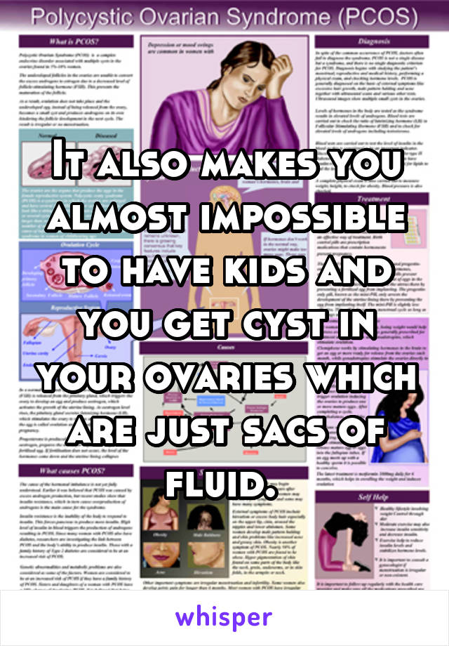 It also makes you almost impossible to have kids and you get cyst in your ovaries which are just sacs of fluid. 