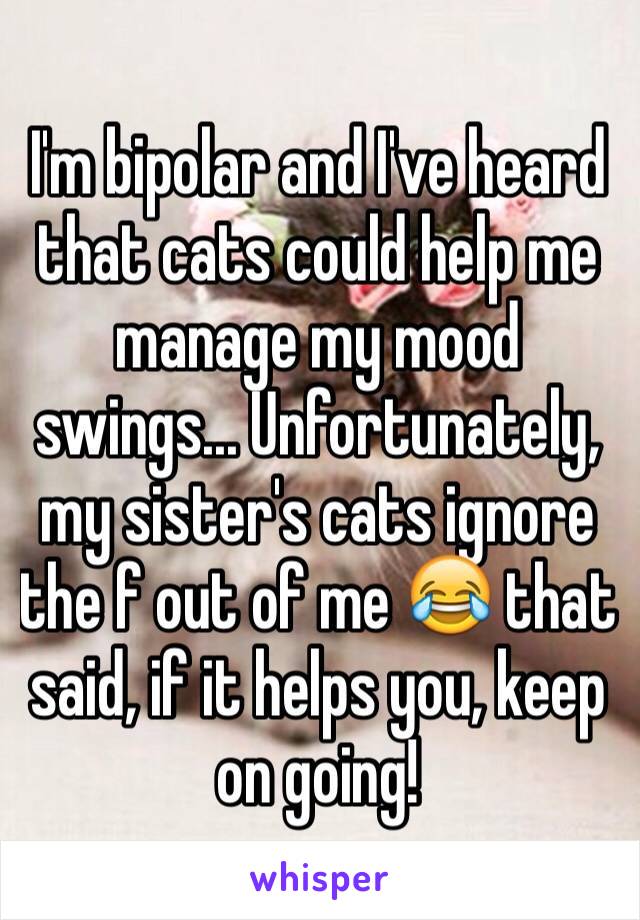 I'm bipolar and I've heard that cats could help me manage my mood swings... Unfortunately, my sister's cats ignore the f out of me 😂 that said, if it helps you, keep on going!