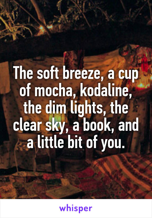 The soft breeze, a cup of mocha, kodaline, the dim lights, the clear sky, a book, and a little bit of you.