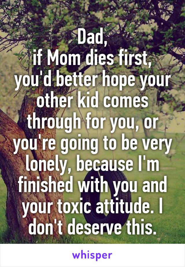 Dad,
if Mom dies first, you'd better hope your other kid comes through for you, or you're going to be very lonely, because I'm finished with you and your toxic attitude. I don't deserve this.