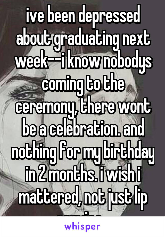 ive been depressed about graduating next week--i know nobodys coming to the ceremony, there wont be a celebration. and nothing for my birthday in 2 months. i wish i mattered, not just lip service...