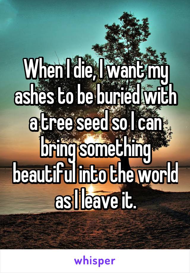 When I die, I want my ashes to be buried with a tree seed so I can bring something beautiful into the world as I leave it.