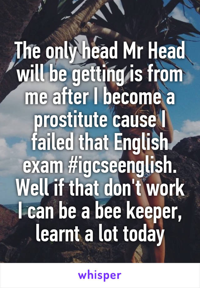 The only head Mr Head will be getting is from me after I become a prostitute cause I failed that English exam #igcseenglish. Well if that don't work I can be a bee keeper, learnt a lot today