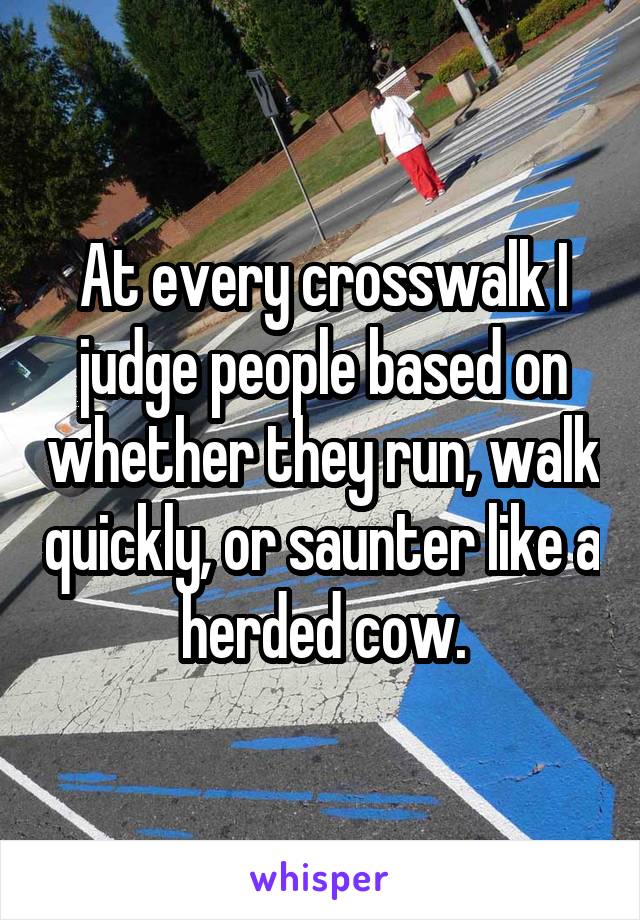 At every crosswalk I judge people based on whether they run, walk quickly, or saunter like a herded cow.