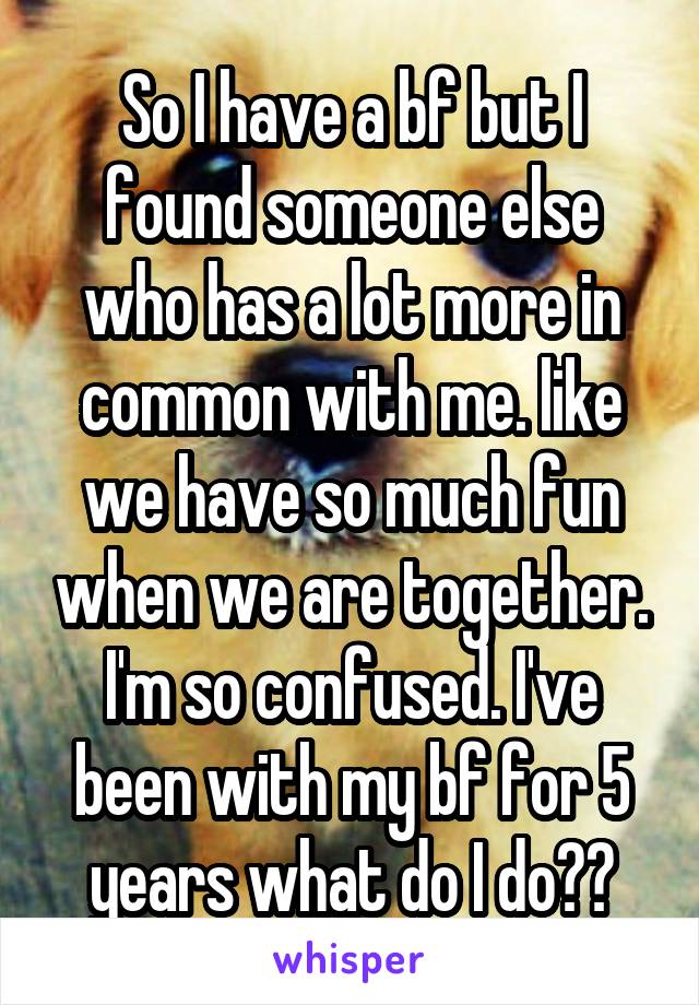 So I have a bf but I found someone else who has a lot more in common with me. like we have so much fun when we are together. I'm so confused. I've been with my bf for 5 years what do I do??