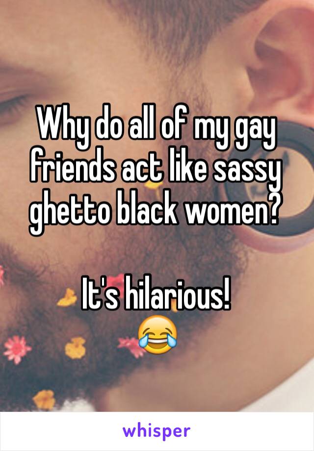 Why do all of my gay friends act like sassy ghetto black women?

It's hilarious!
😂