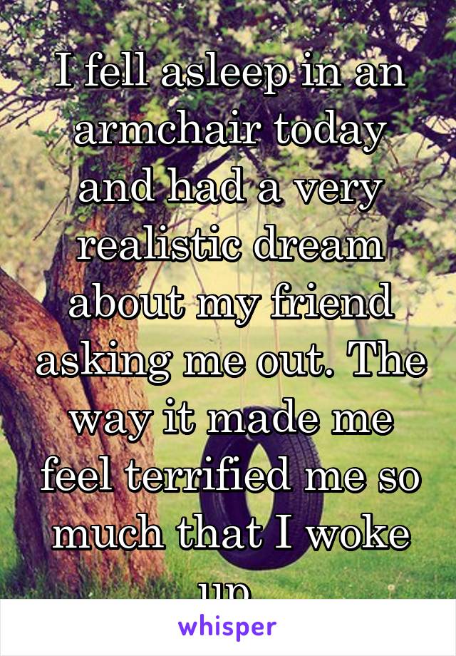 I fell asleep in an armchair today and had a very realistic dream about my friend asking me out. The way it made me feel terrified me so much that I woke up.