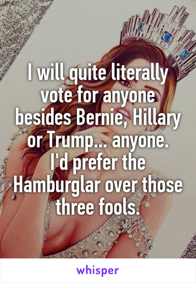 I will quite literally vote for anyone besides Bernie, Hillary or Trump... anyone.
I'd prefer the Hamburglar over those three fools.