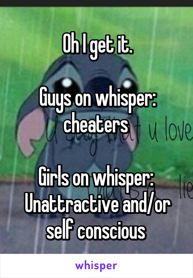 Oh I get it.

Guys on whisper: cheaters 

Girls on whisper: 
Unattractive and/or self conscious 