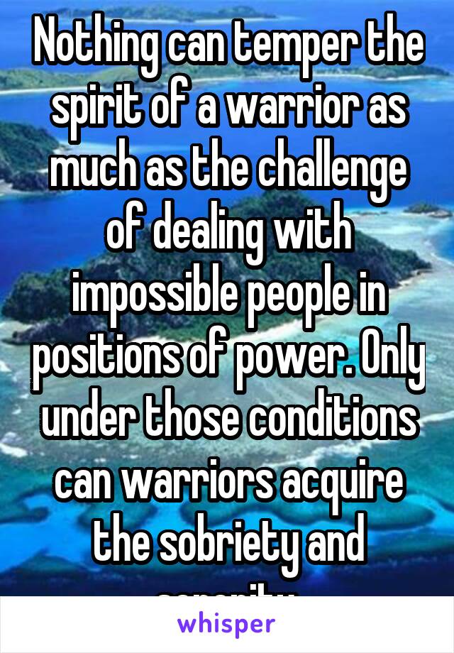 Nothing can temper the spirit of a warrior as much as the challenge of dealing with impossible people in positions of power. Only under those conditions can warriors acquire the sobriety and serenity.