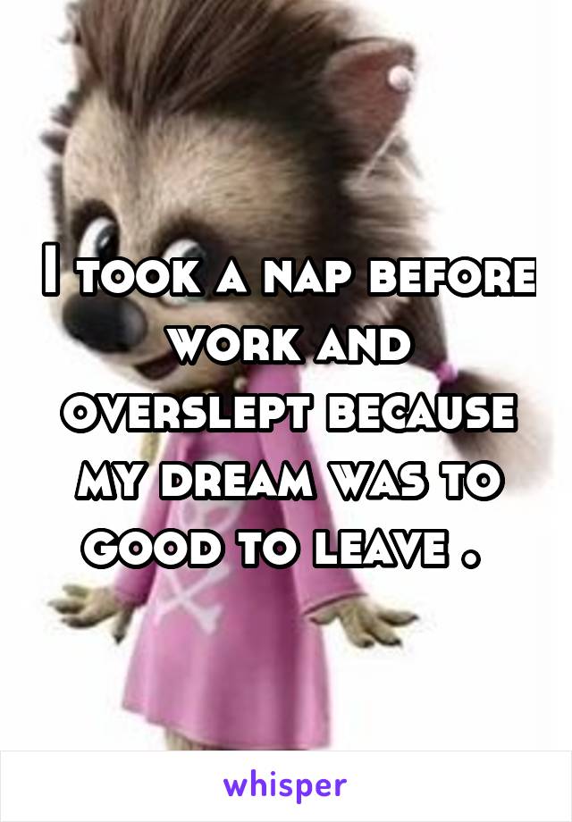 I took a nap before work and overslept because my dream was to good to leave . 