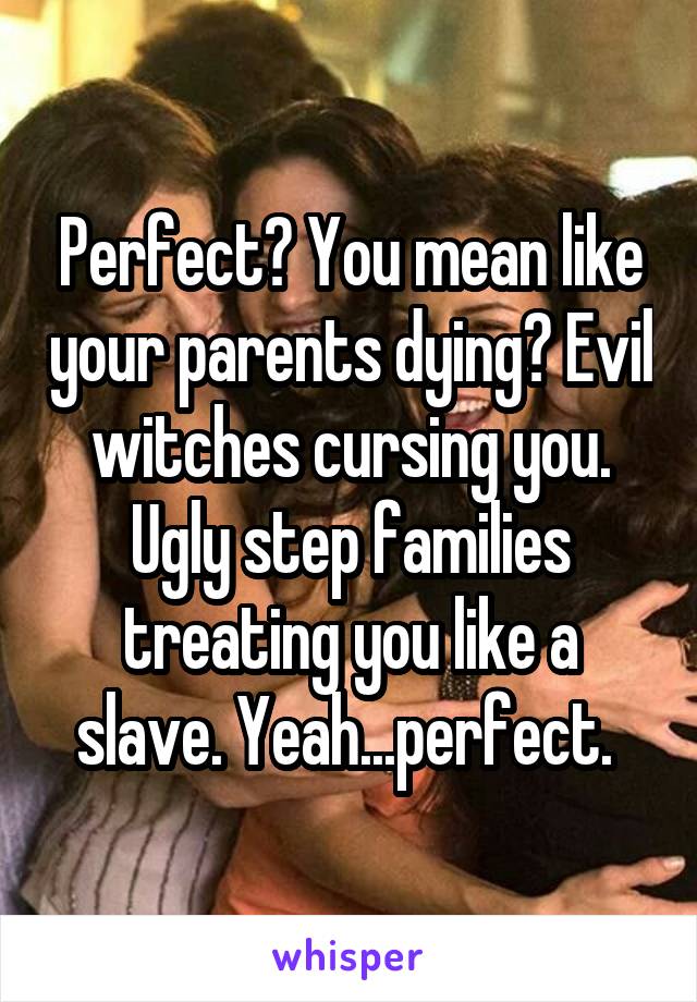 Perfect? You mean like your parents dying? Evil witches cursing you. Ugly step families treating you like a slave. Yeah...perfect. 