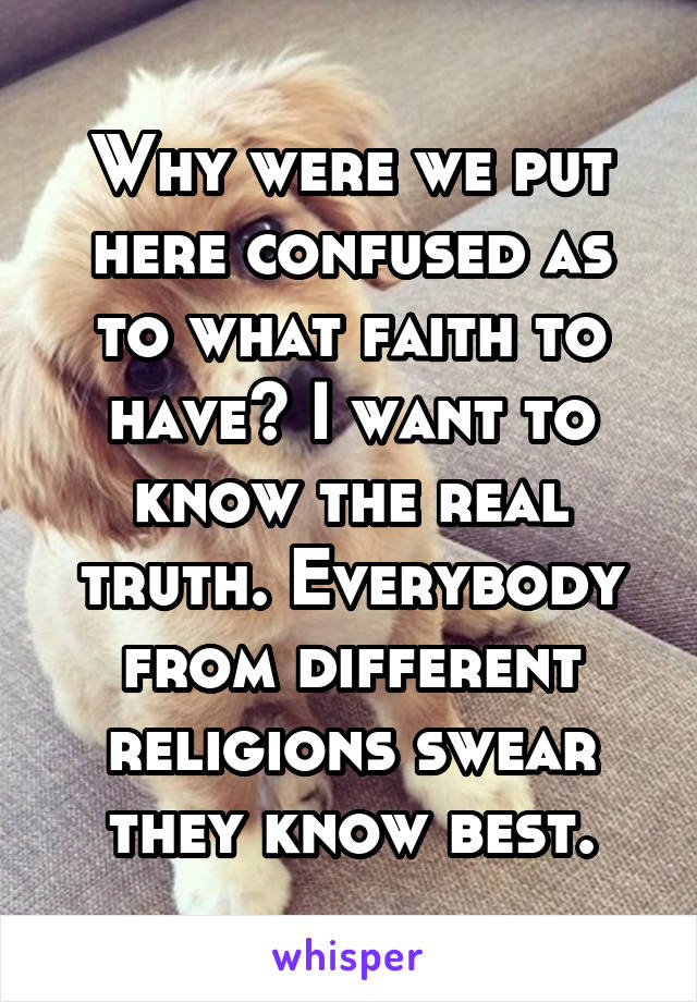 Why were we put here confused as to what faith to have? I want to know the real truth. Everybody from different religions swear they know best.