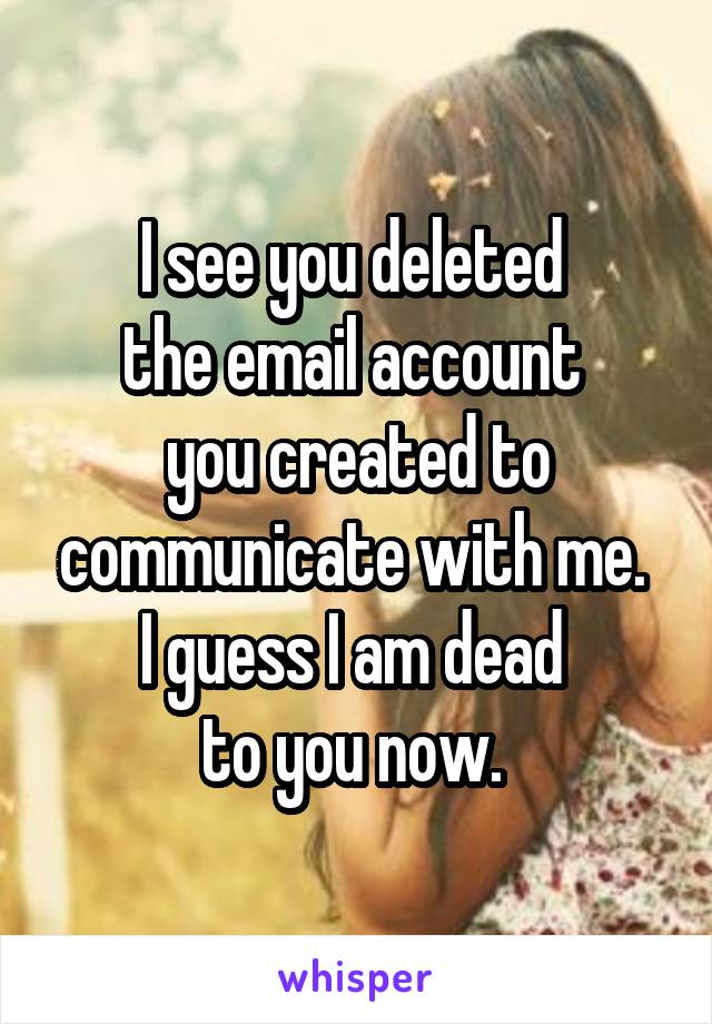 I see you deleted 
the email account 
you created to communicate with me. 
I guess I am dead 
to you now. 