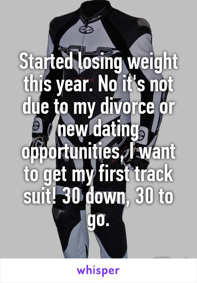 Started losing weight this year. No it's not due to my divorce or new dating opportunities, I want to get my first track suit! 30 down, 30 to go.