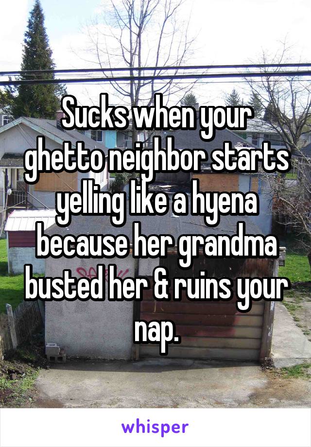 Sucks when your ghetto neighbor starts yelling like a hyena because her grandma busted her & ruins your nap.