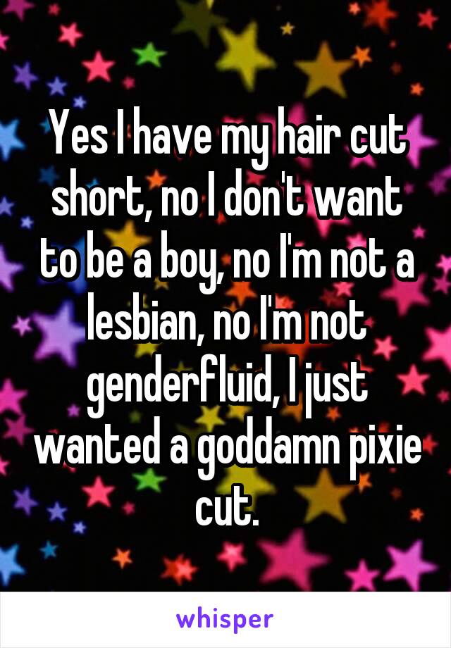 Yes I have my hair cut short, no I don't want to be a boy, no I'm not a lesbian, no I'm not genderfluid, I just wanted a goddamn pixie cut.