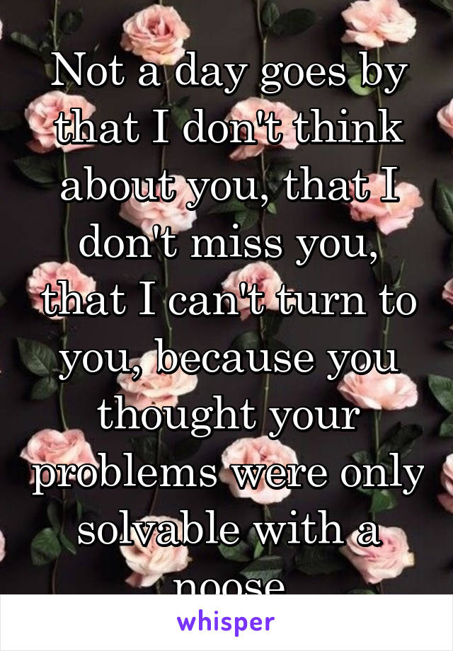 Not a day goes by that I don't think about you, that I don't miss you, that I can't turn to you, because you thought your problems were only solvable with a noose