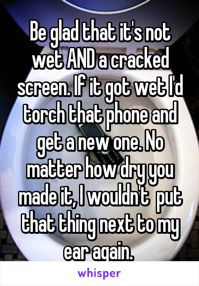 Be glad that it's not wet AND a cracked screen. If it got wet I'd torch that phone and get a new one. No matter how dry you made it, I wouldn't  put that thing next to my ear again. 