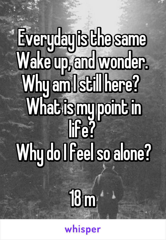 Everyday is the same 
Wake up, and wonder. 
Why am I still here?  
What is my point in life? 
Why do I feel so alone? 
18 m 