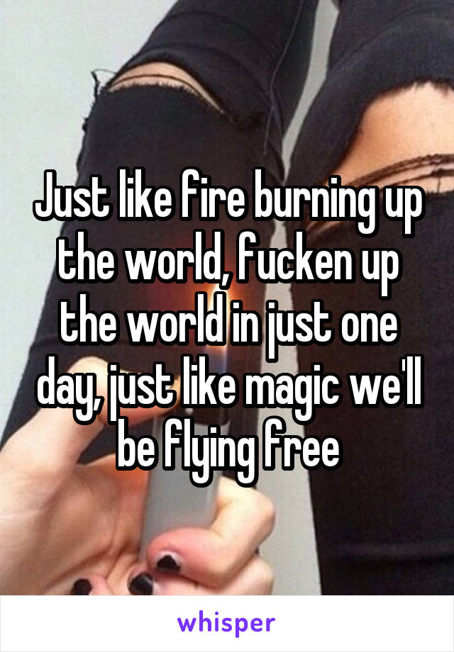 Just like fire burning up the world, fucken up the world in just one day, just like magic we'll be flying free