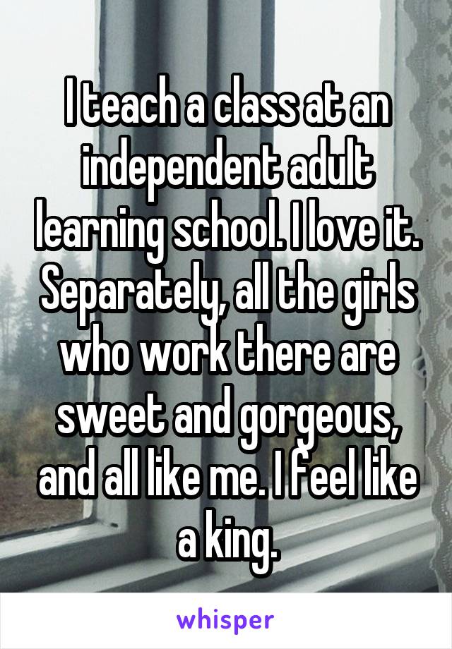 I teach a class at an independent adult learning school. I love it. Separately, all the girls who work there are sweet and gorgeous, and all like me. I feel like a king.