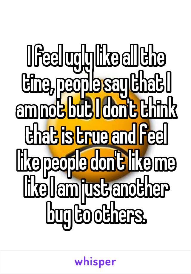 I feel ugly like all the tine, people say that I am not but I don't think that is true and feel like people don't like me like I am just another bug to others.